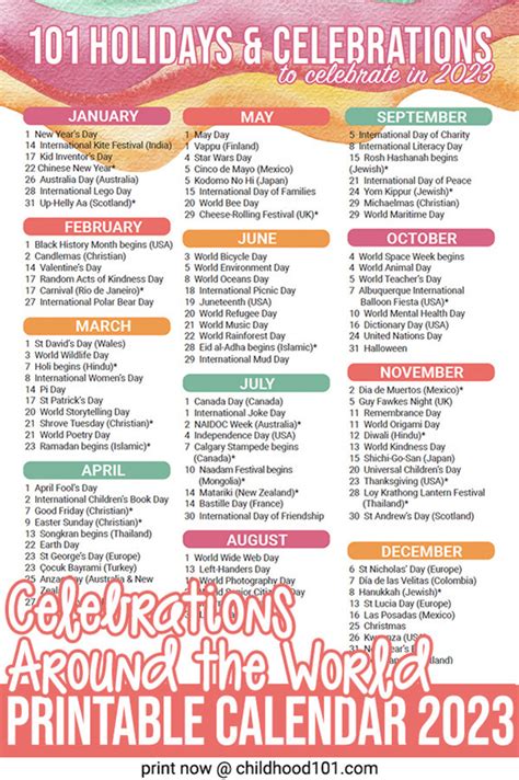 calendar of festivals and celebrations 2023
